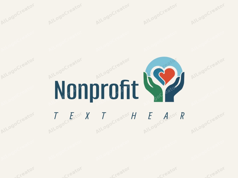 modern design features a stylized heart and handshake symbolizing charity and volunteerism, combined with a clean background in blue and green tones.