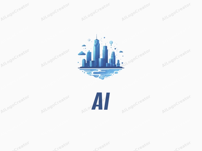 a modern design featuring elements of intelligence and algorithms integrated with a cityscape of skyscrapers, utilizing a clean and simple composition with a blue color palette.