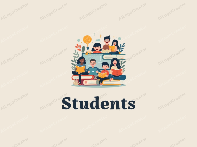 playful design features vibrant colors, stylized students and school elements, books and computers integrated in a harmonious composition with a clean background.