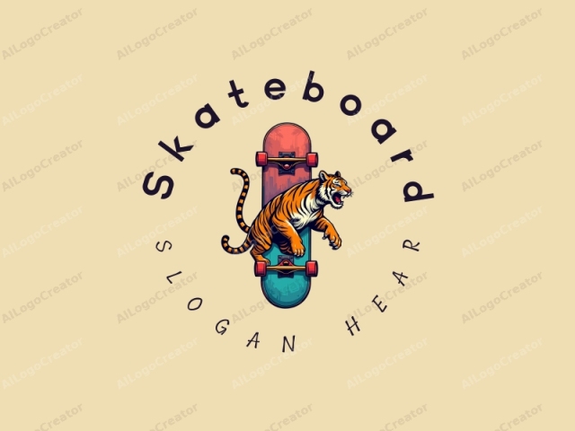 diseño juguetón que presenta una patineta vibrante, un tigre volador estilizado y una composición dinámica combinada con un fondo limpio.