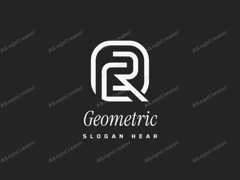 geometric design features a combination of square and circular shapes, incorporating the letter R and network motifs, with a clean black and white color scheme.