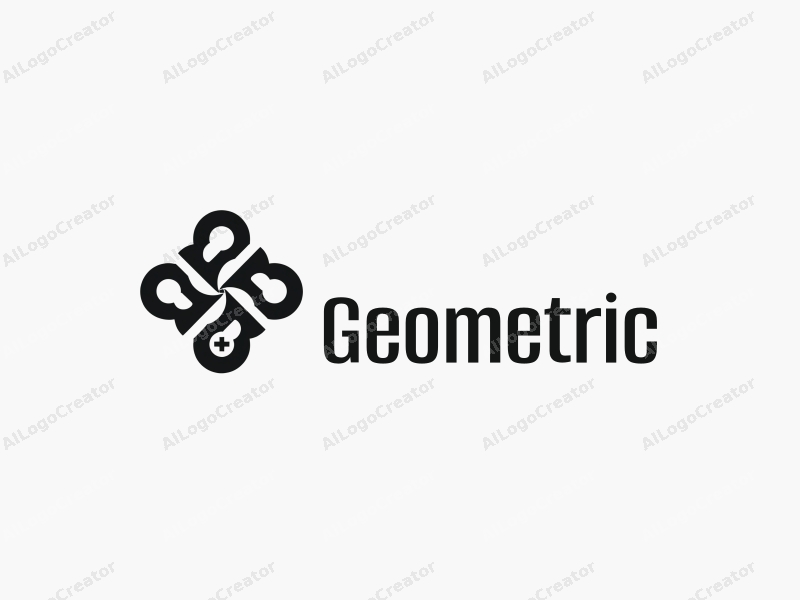 geometric design features a harmonious combination of squares and circles, incorporating a stylized nurse and camera elements, set against a clean black and white background.