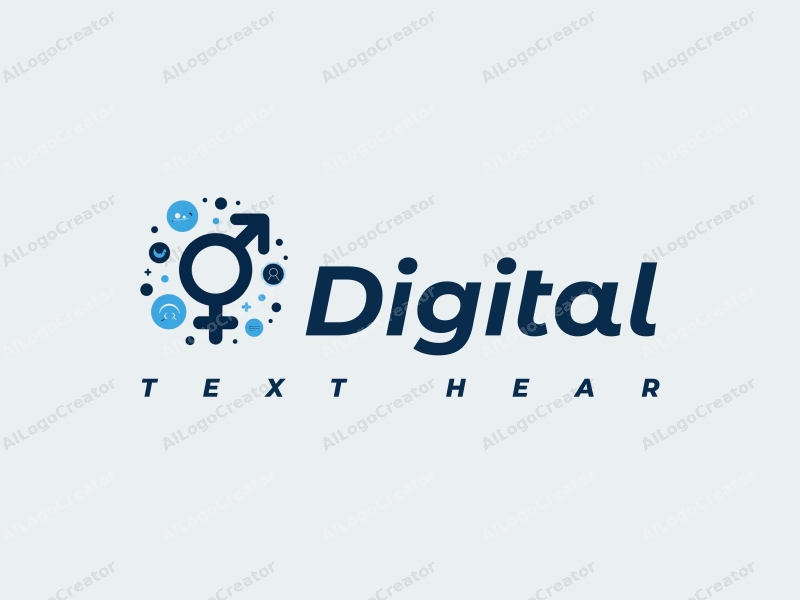 a modern minimalist design featuring digital elements, female symbols, and a clean background with blue and black color scheme.