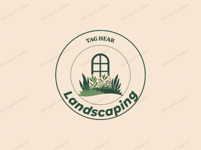 un diseño moderno que presenta un césped y jardín estilizados, incorporando una ventana y varias plantas, utilizando una composición limpia y armoniosa.