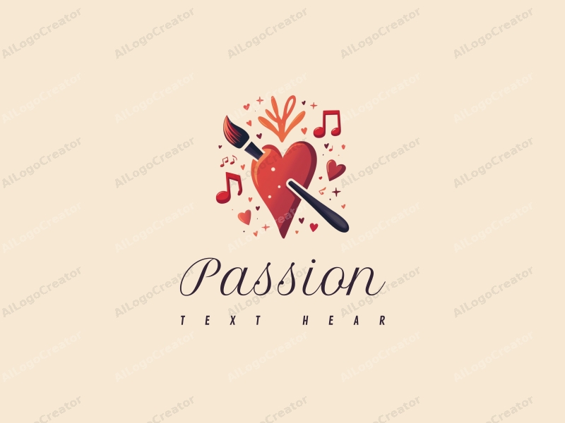 playful design features a vibrant red color palette, incorporating elements of passion and enthusiasm with a stylized paintbrush and musical notes, combined with a clean and harmonious background.