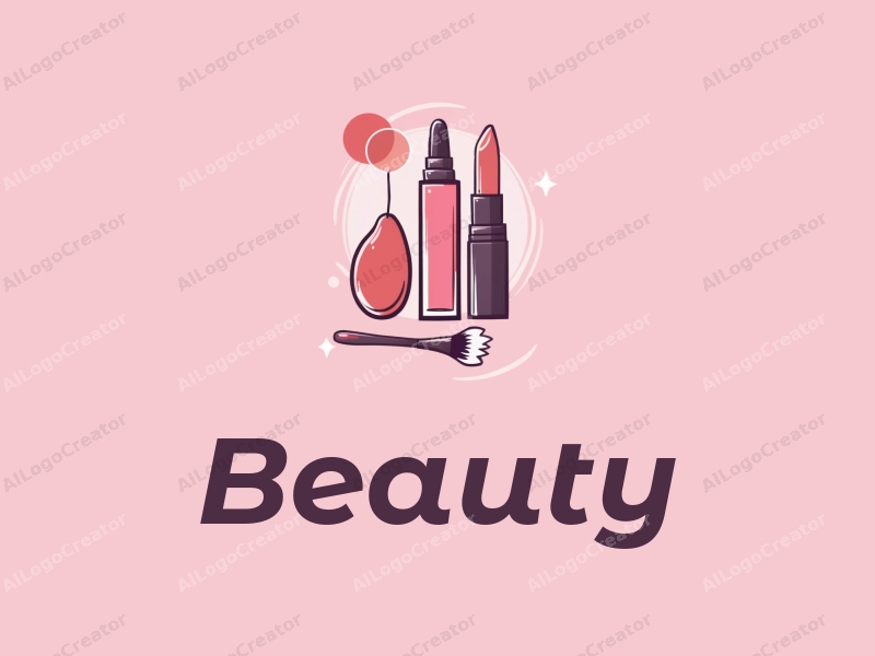 modern design features a stylized makeup brush and lip gloss, combined with beauty elements, set against a clean pink background.