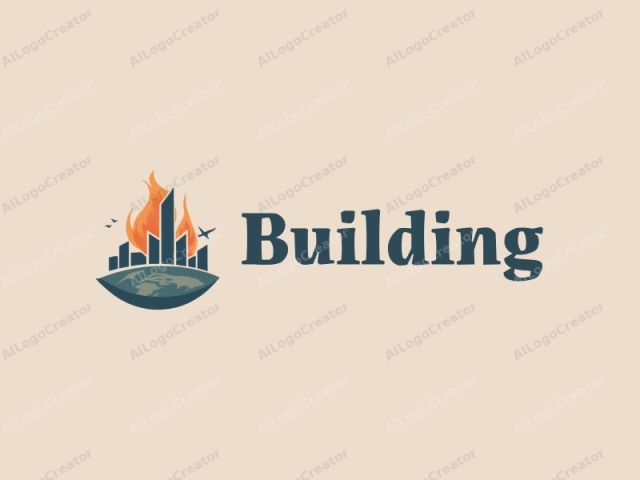 modern design features a stylized building and structure intertwined with a flame and earth motif, combined with a clean background.