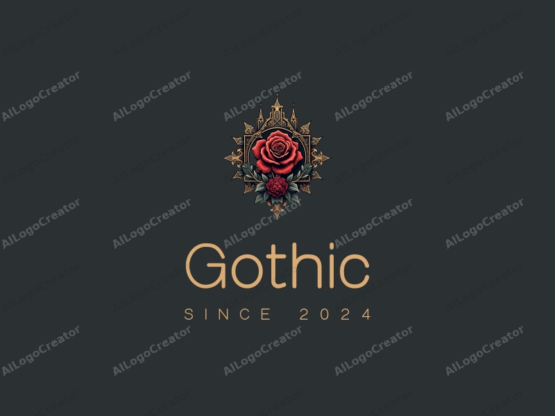 Gothic design features intricate Gothic architecture, stylized Gothic fashion elements, a black rose, and spires, combined with a clean background.