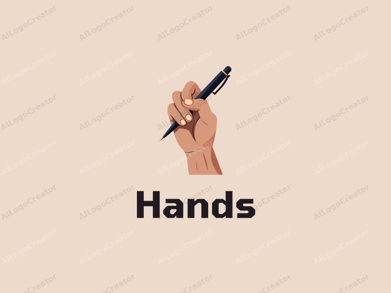 a modern minimalist design featuring a stylized hand gripping a pen, combined with a clean background and skin tone colors.