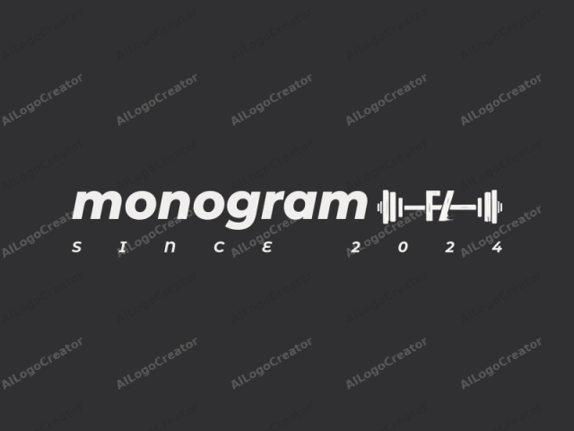 현대적이고 미니멀리스트한 디자인으로, 스타일라이즈된 덤벨이 굵은 글자와 기호와 통합되어 있으며, 깔끔한 검은색 배경과 결합되어 있습니다.
