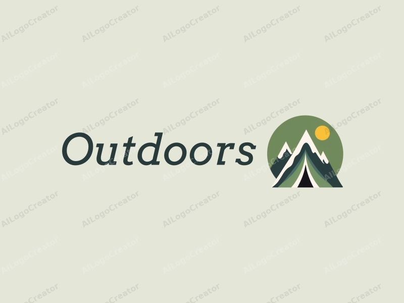 a modern minimalist design featuring a stylized tent and mountain peak, combined with a clean green background, emphasizing outdoor adventure and leisure.