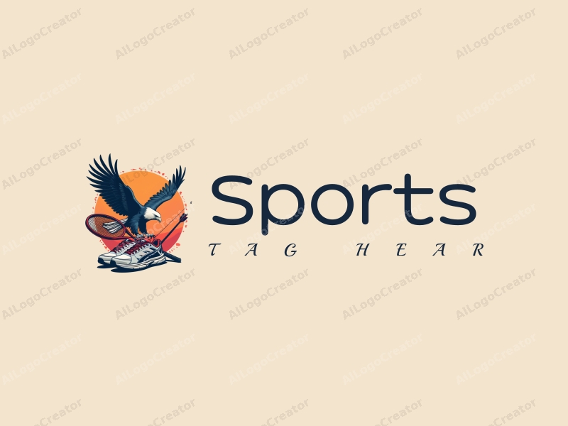 vibrant design features athletic shoes and a tennis racket, combined with a soaring eagle and bow and arrow, creating a dynamic composition with a clean background.