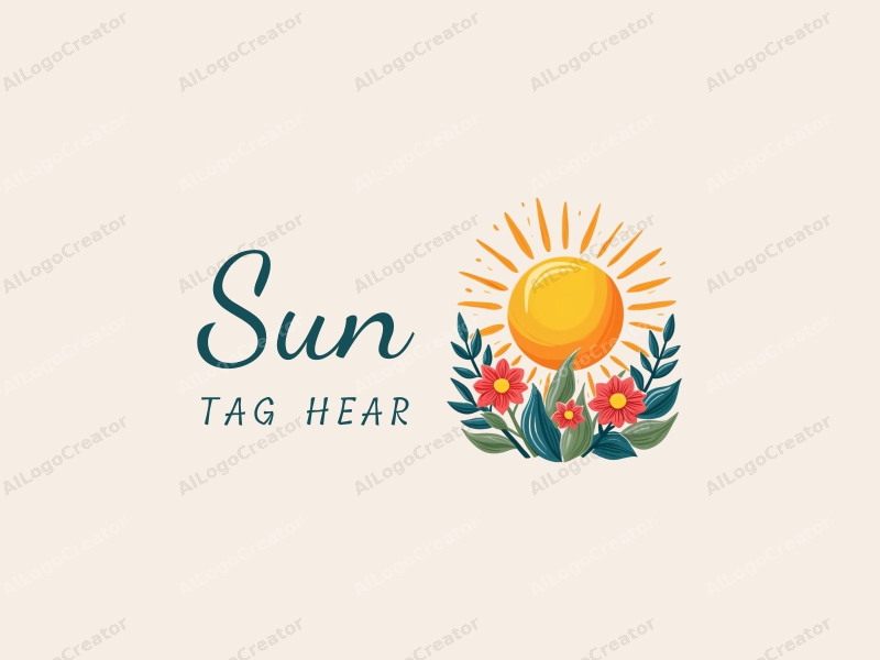 playful design features a bright sun radiating light, surrounded by whimsical flowers and leaves, combined with a clean background.