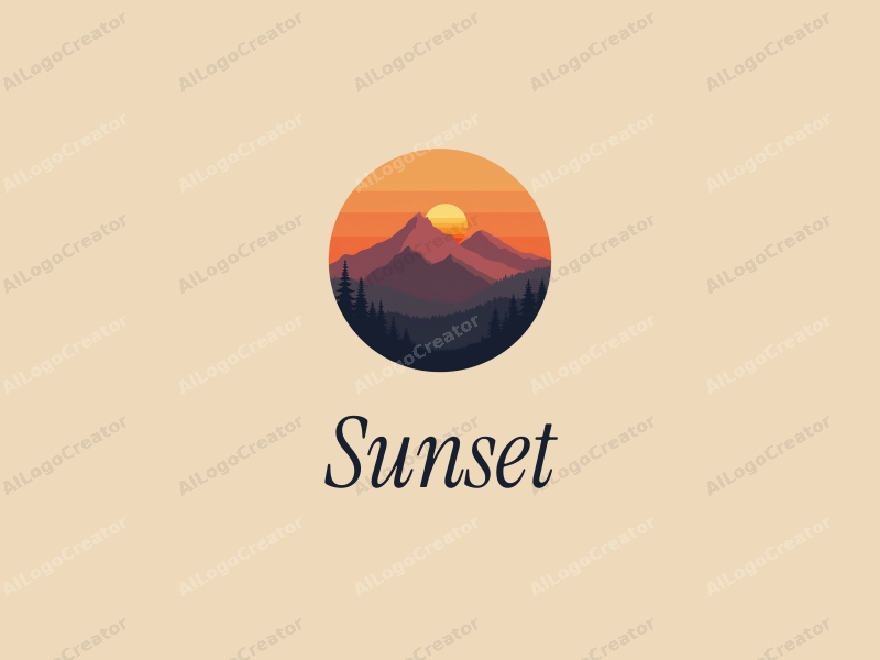 vintage design features a stylized sunset over mountains, with a harmonious blend of orange and purple hues, creating a serene landscape atmosphere.