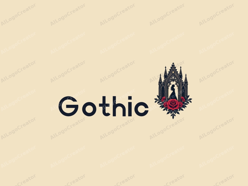 Gothic design features intricate Gothic architecture elements, stylized Gothic fashion silhouettes, shadows, and roses, combined with a clean background.