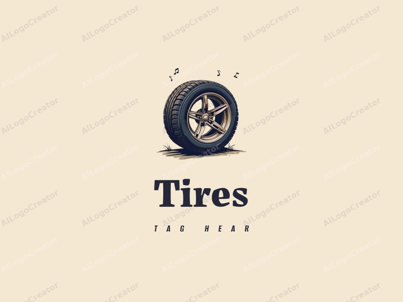 modern design features a stylized tire and car tire, integrated with musical notes and Greek motifs, combined with a clean background.