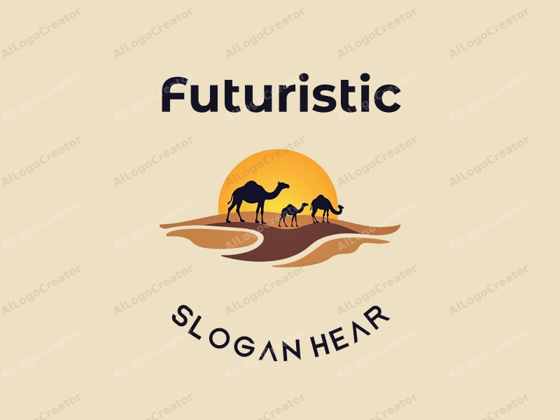 futuristic design features stylized dunes and camels, combined with a modern technology approach, set against a clean background.