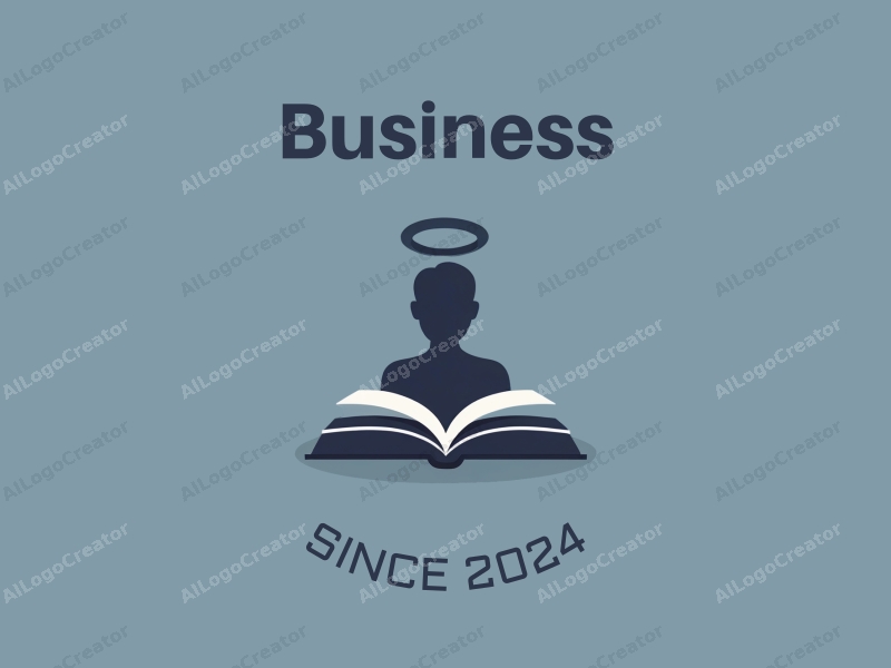 a modern minimalist design featuring a stylized office silhouette, a halo above an open book, combined with a clean background in blue and gray tones.