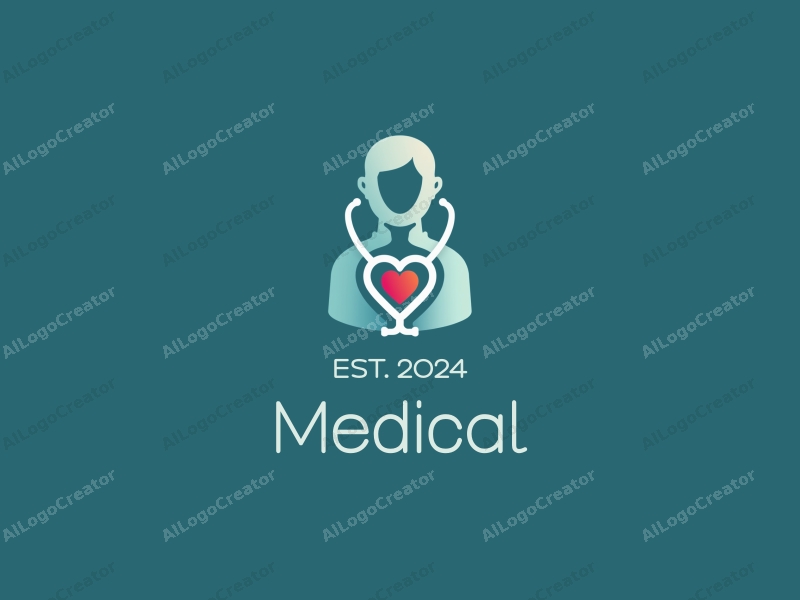 modern design features a stylized hospital silhouette, a doctor figure, a stethoscope intertwined with a heart, combined with a clean background.