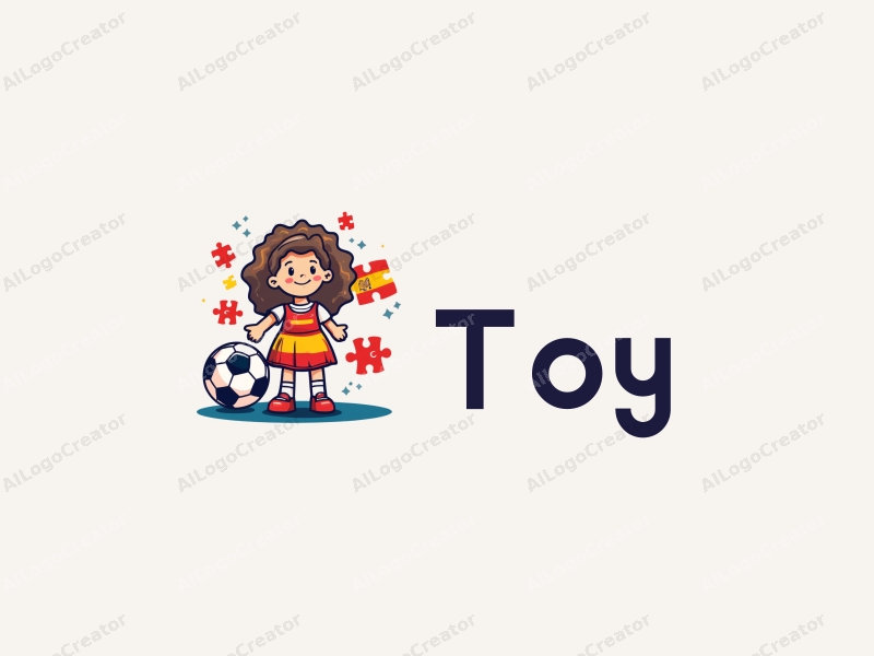 playful design features vibrant colors, a stylized doll and puzzle pieces, combined with a soccer ball and the Spanish flag, set against a clean background.