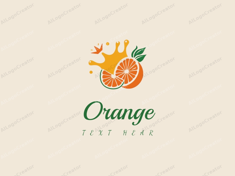 playful design features a stylized orange and juice splash, combined with a crown element, set against a clean background.