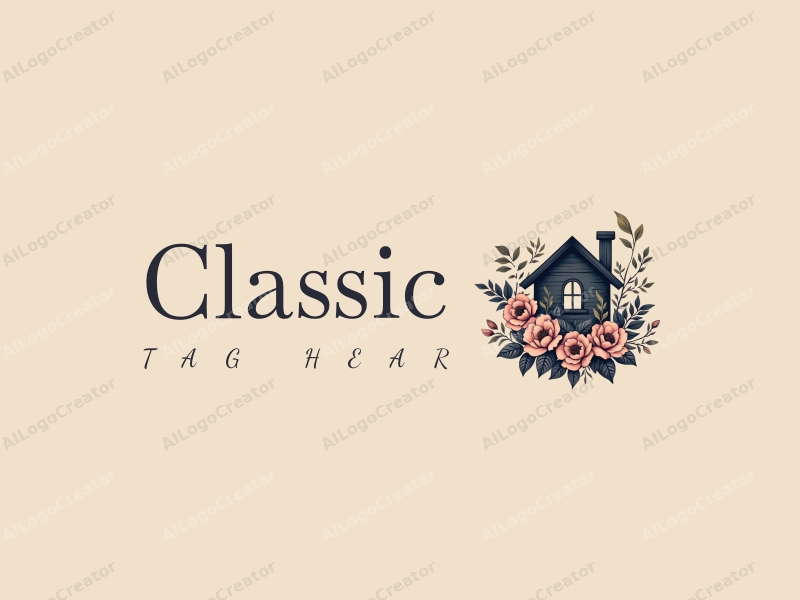 vintage design features a stylized house intertwined with classic flowers, using dark and neutral colors, creating a harmonious and elegant composition.