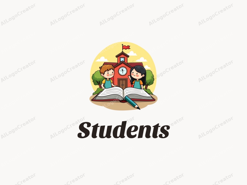 playful design features cheerful students, a stylized school building, open books, and pencils arranged harmoniously with a vibrant background.