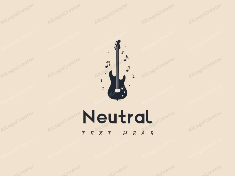 minimalist design features a stylized electric guitar silhouette, balanced musical notes, and a neutral color palette combined with a clean background.