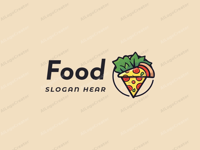 a modern design featuring vibrant colors, a stylized pizza slice and a fresh salad, combined with a clean background and a harmonious composition.