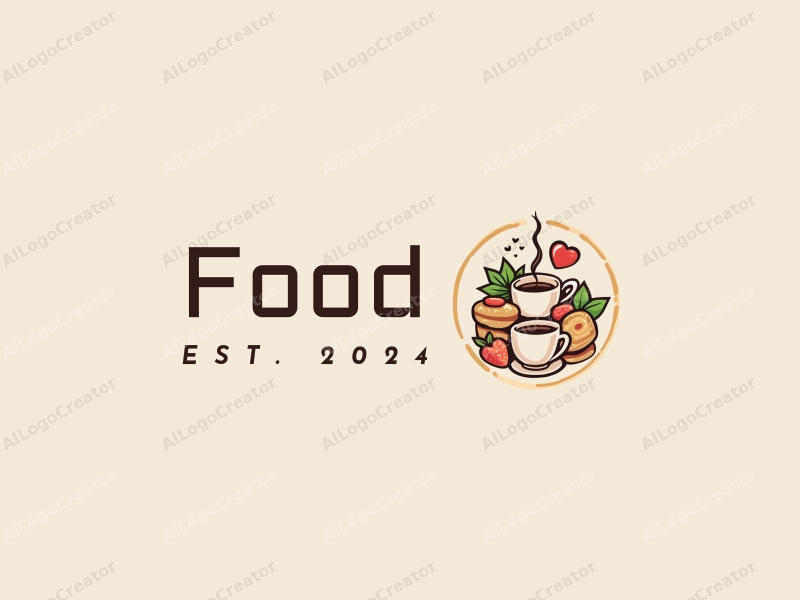 a modern design featuring vibrant food elements, a stylized coffee cup, and desserts, combined with a clean background and a harmonious layout.