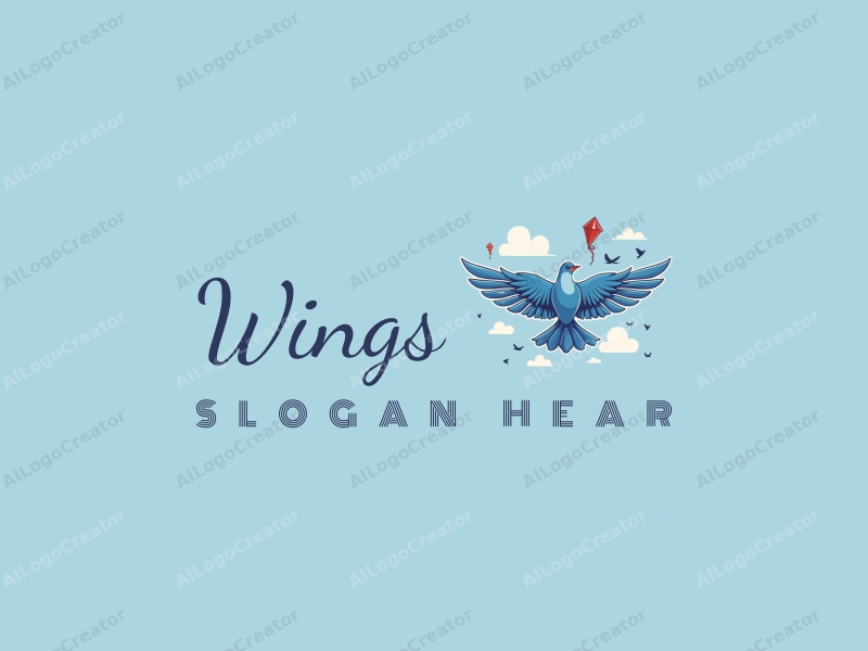 playful design features stylized wings, flying birds, and kites combined with a clean blue background.