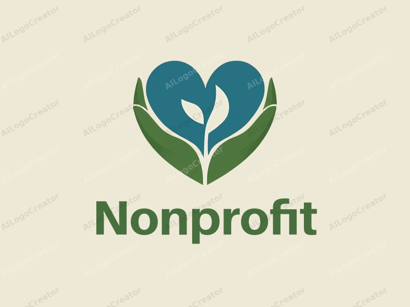 modern design features a stylized heart and hands symbolizing charity and volunteerism, combined with a clean background in blue and green tones.