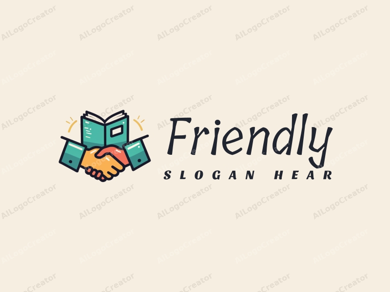 playful design features a stylized book and a handshake, combined with a clean background, emphasizing friendship and community in an educational and social context.