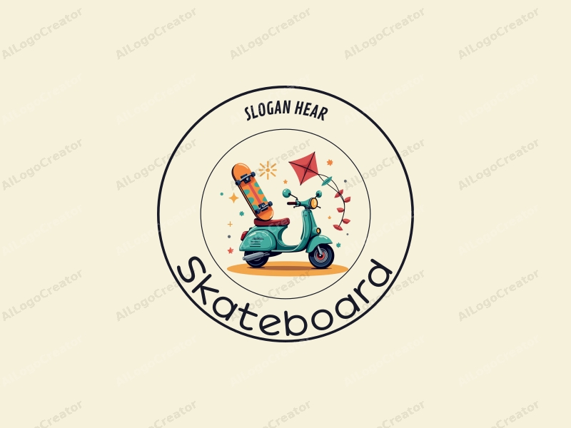 playful design features a vibrant skateboard, a stylized scooter, and a whimsical kite, combined with a clean background.