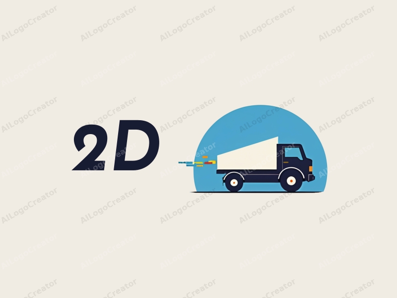 a modern design featuring a stylized truck in motion, incorporating flat 2D elements, with a clean blue background and a focus on simplicity and creativity.