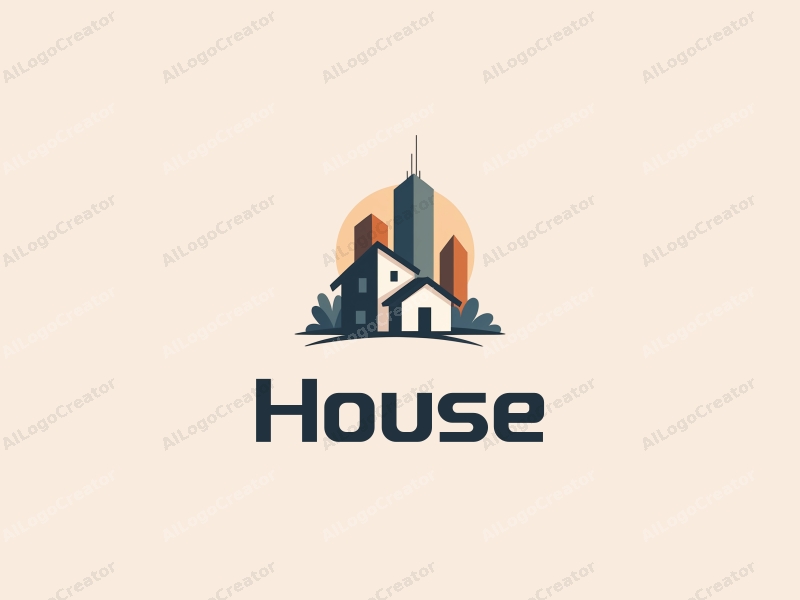 modern design features a stylized house and skyscraper silhouette, combined with a clean background and a focus on architectural elements.