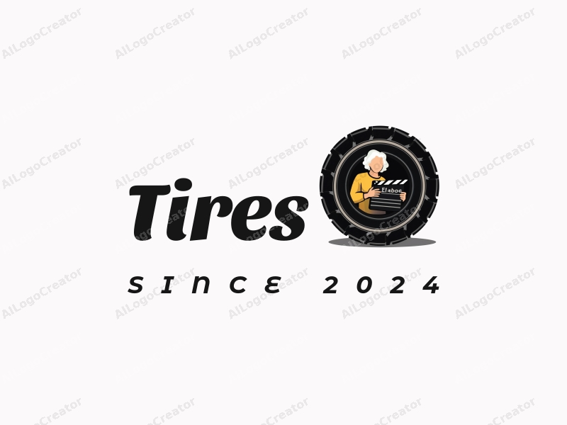 a modern design featuring a stylized tire and car tire, combined with a silhouette of a grandmother holding a film clapperboard, all set against a clean black background.