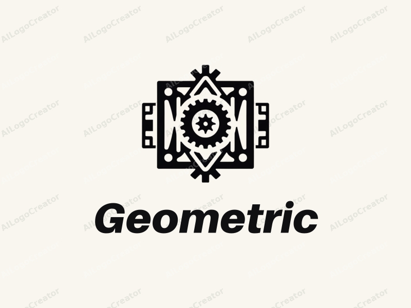 geometric design features a combination of squares and circles, stylized motorcycle parts, and a clean black and white color scheme, creating a harmonious and simple visual composition.