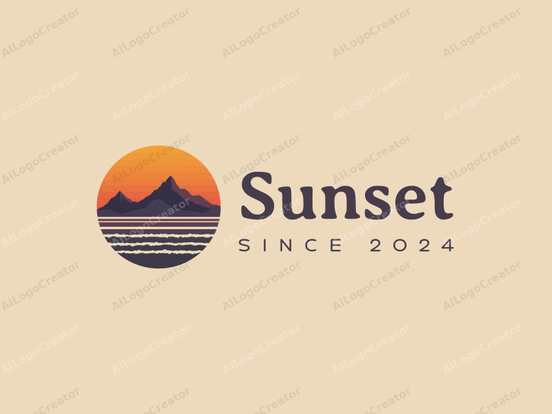 vintage design features a stylized sunset over the ocean with mountains in the background, incorporating warm orange and purple hues, combined with a clean and harmonious layout.