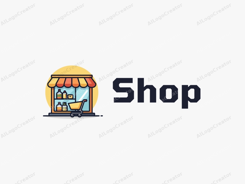 modern design features a stylized shop front, a shopping cart, and product shelves, combined with a clean background.