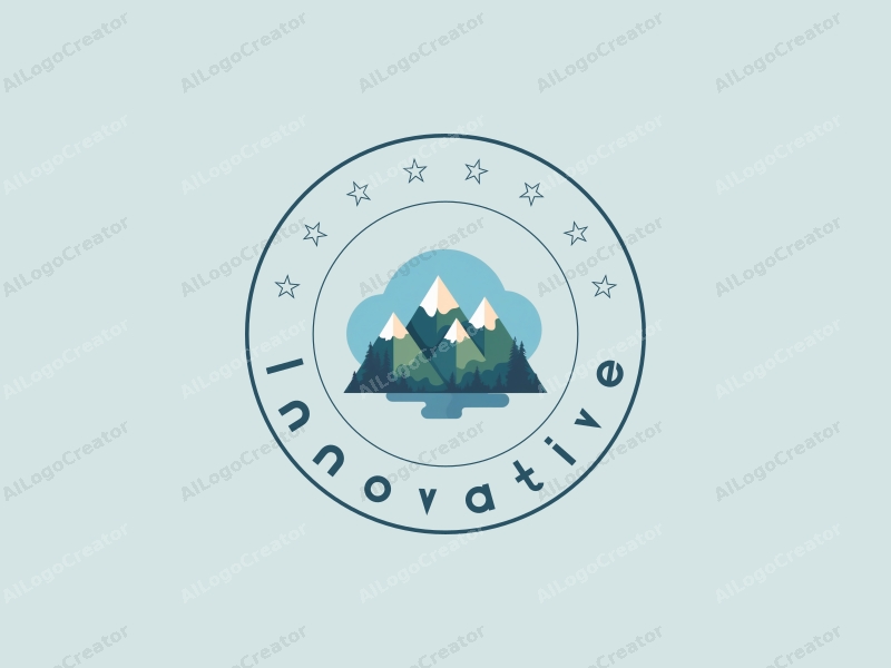 modern design features stylized mountains and clouds, representing innovation and the future, combined with a clean background in blue and green tones.