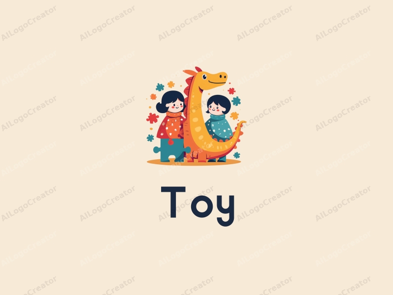 playful design features colorful dolls, a stylized dragon, and puzzle pieces combined with a clean background.