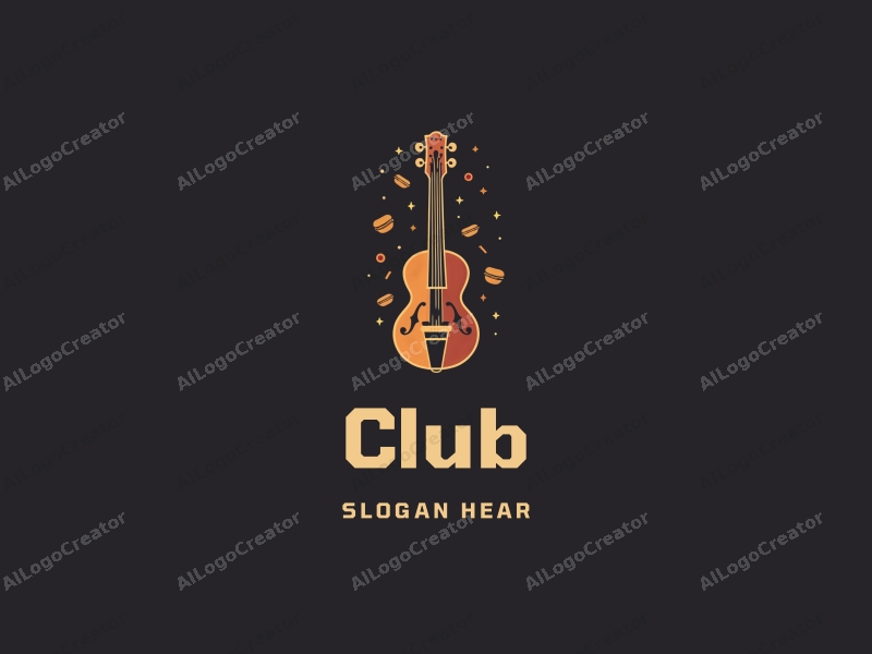 a modern design featuring a stylized guitar and a hot dog, combined with club and music elements, using a clean black background for a sleek and contemporary look.