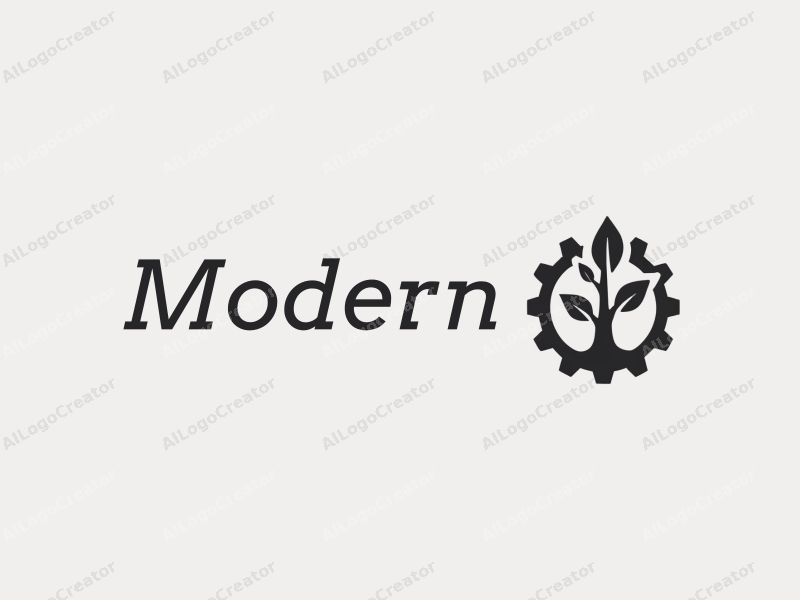 a modern minimalist design featuring a stylized sapling intertwined with a gear, showcasing innovation in architecture and interior design, combined with a clean white and gray background.