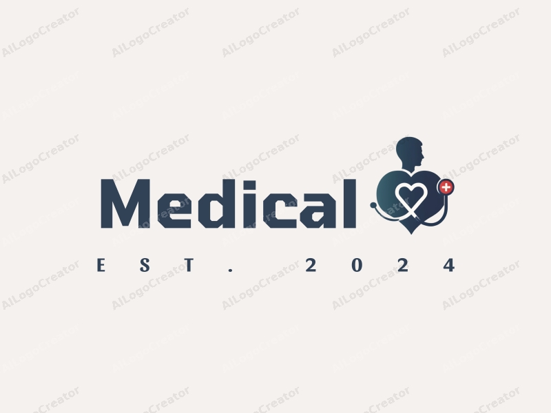 modern design features a stylized hospital silhouette, a doctor figure, a stethoscope intertwined with a heart, combined with a clean background.