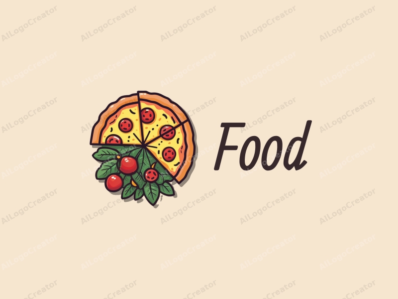 a modern design featuring vibrant colors, a stylized pizza slice and a fresh salad, combined with a clean background and a harmonious composition.