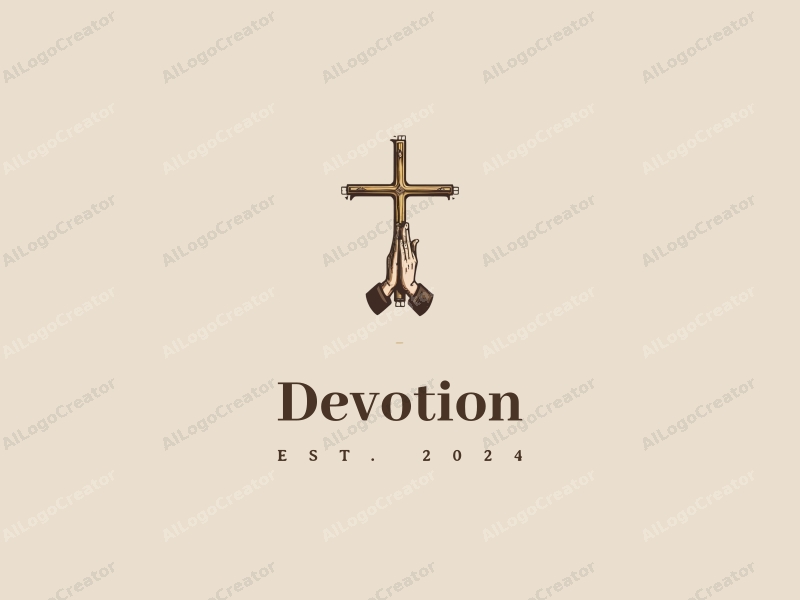 vintage design features a stylized cross and hands in a prayer position, combined with a gold color palette and a clean background.