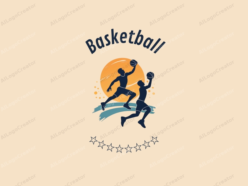 playful design features a dynamic basketball silhouette, an athlete in mid-dunk, and a shooting pose, combined with a clean background.