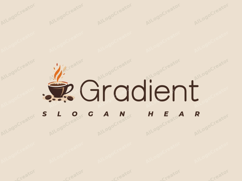 a modern minimalist design featuring a stylized coffee cup with colorful accents, coffee beans scattered around, and steam rising, combined with a clean background.