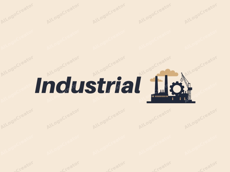 modern design features a stylized factory silhouette, interlocking gears, and a crane, combined with a clean background.